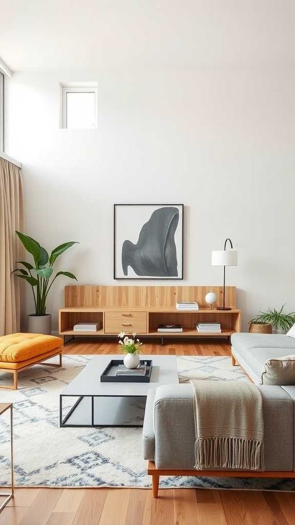 A modern minimalist living room with a grey sofa, yellow accent chair, and wooden furniture.