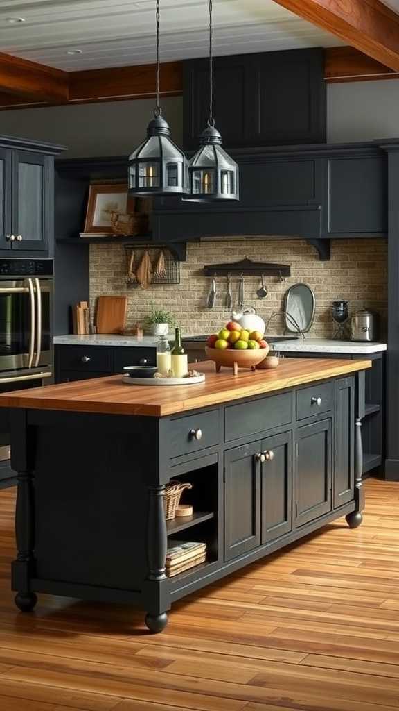 Functional kitchen island with storage solutions in a moody farmhouse kitchen