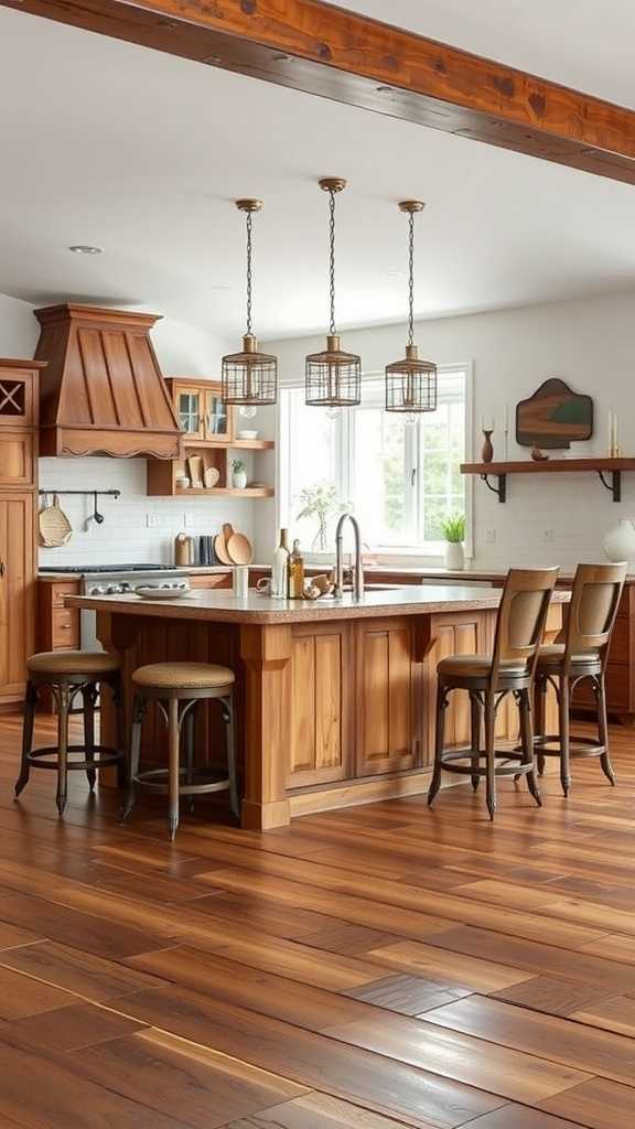 A warm-toned, wooden kitchen island with seating, surrounded by rustic decor.