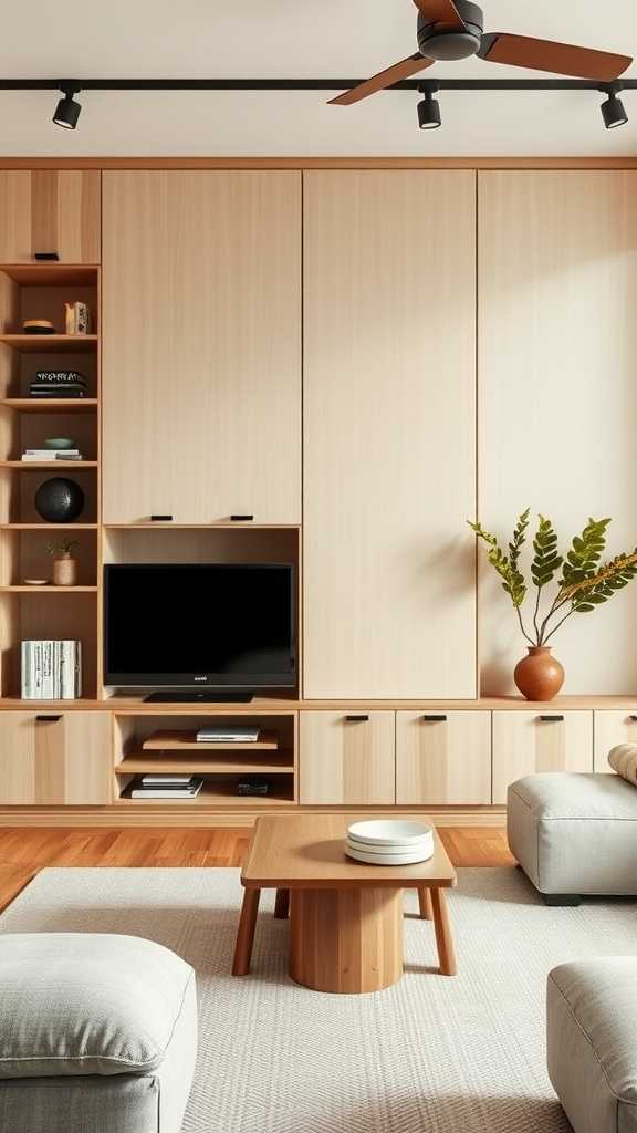 A modern Japandi living room with wood cabinetry and minimalist furniture.