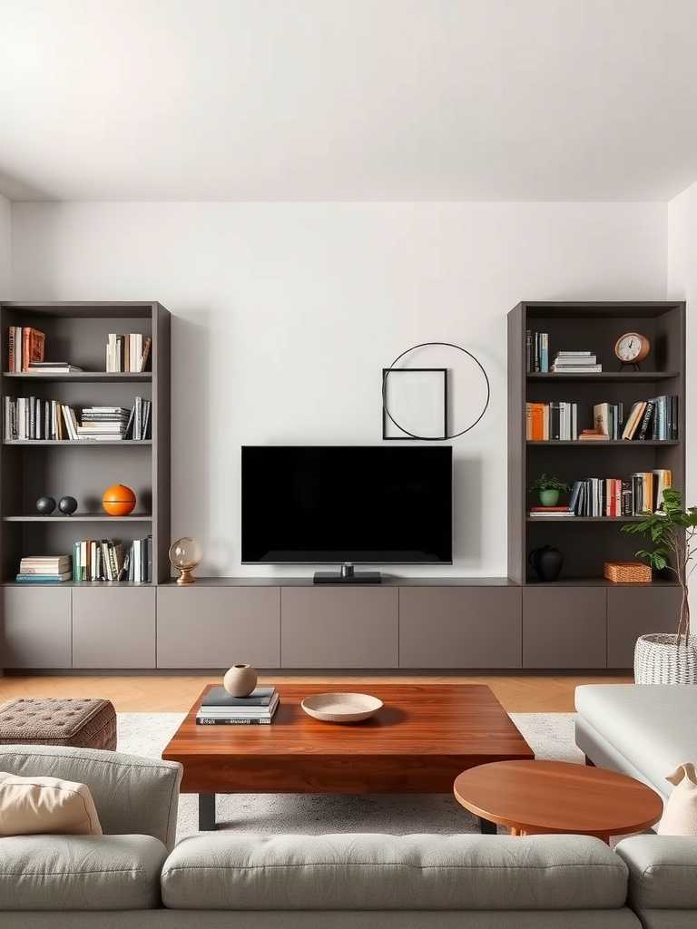 Modern living room with stylish shelving and a wooden coffee table