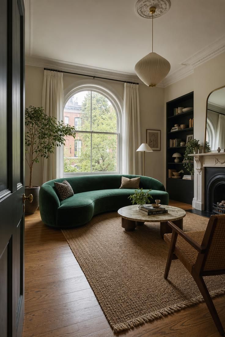 11 Playful Funky Eclectic Decor Ideas for Fearless Rooms 1 Emerald green velvet kidney-shaped sofa in a warm, golden-lit living room styled with mustard and striped textiles.