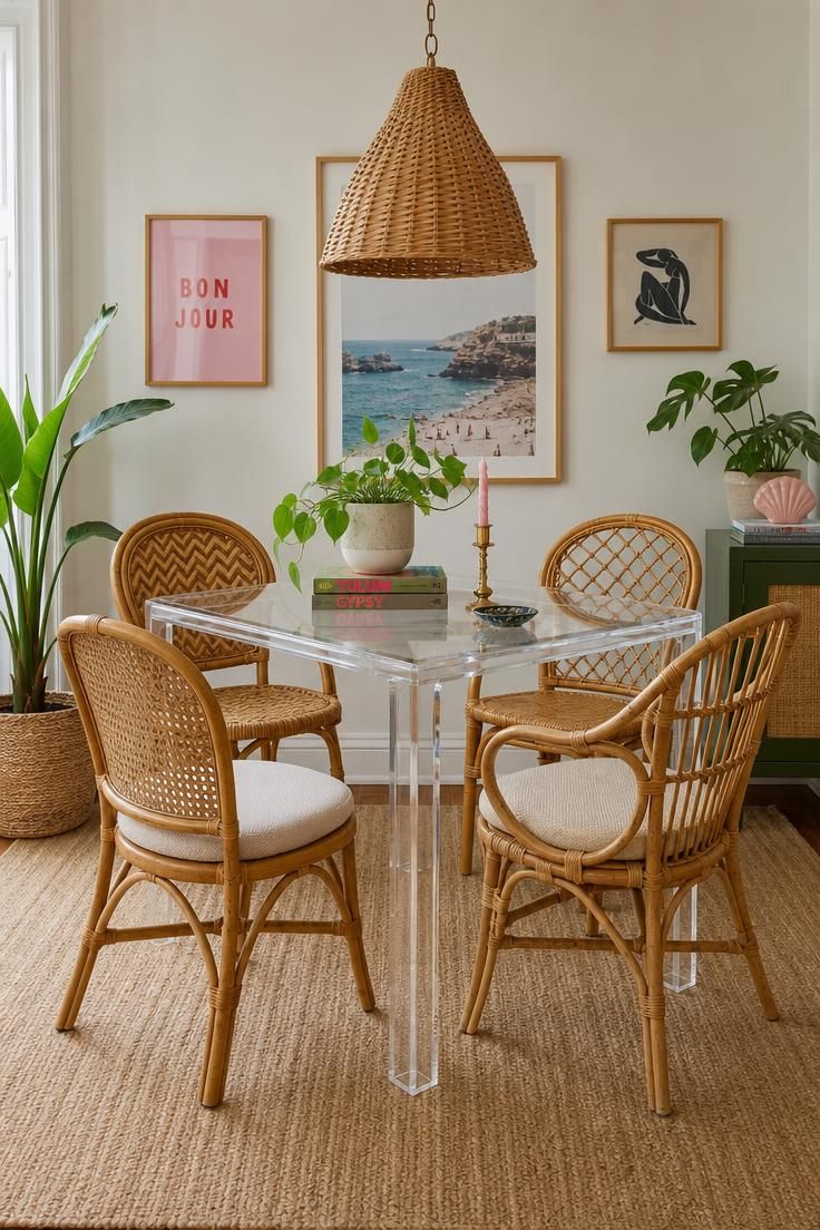 11 Playful Funky Eclectic Decor Ideas for Fearless Rooms 2 Clear Lucite dining table surrounded by four mismatched rattan chairs under bright midday light.