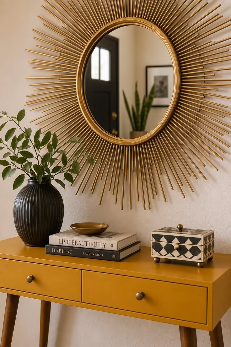 11 Playful Funky Eclectic Decor Ideas for Fearless Rooms 3 Brass sunburst mirror above a mustard console table styled with ceramic vessels and dried botanicals.