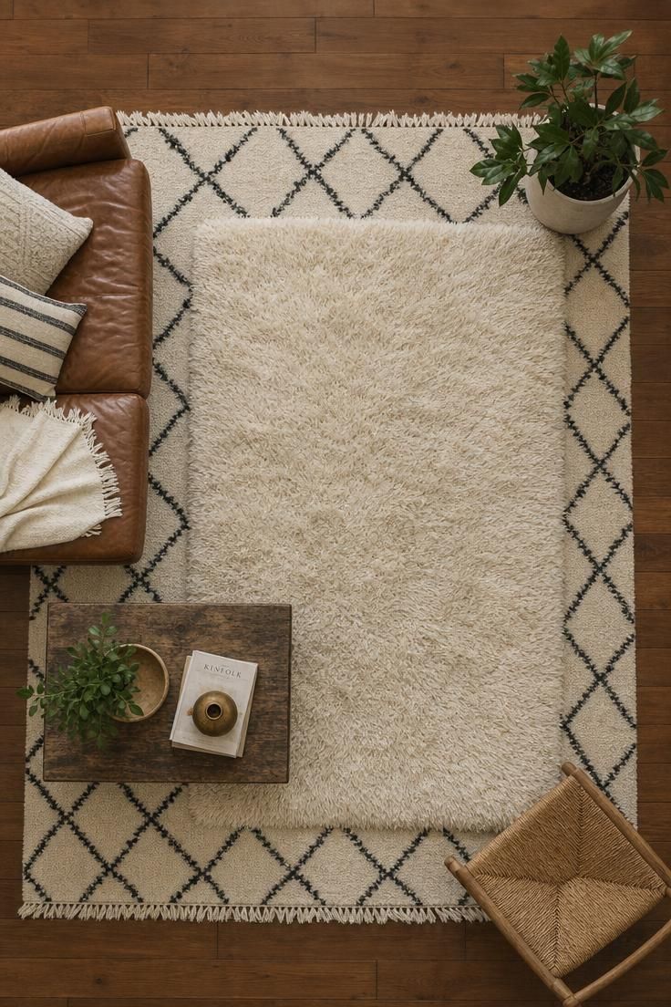 11 Playful Funky Eclectic Decor Ideas for Fearless Rooms 4 Layered black and cream Moroccan rug topped with a cream shag rug on a warm oak floor.