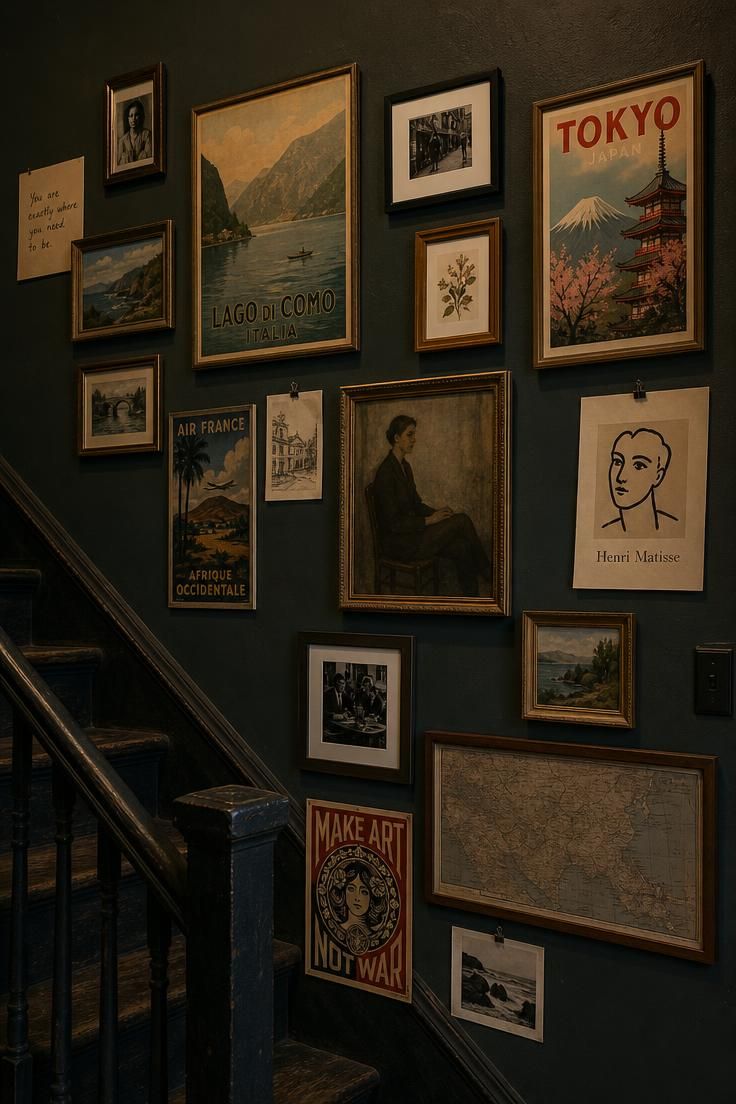 11 Playful Funky Eclectic Decor Ideas for Fearless Rooms 5 Mismatched gallery wall of vintage frames and posters on a dark green stairwell wall lit by a single sconce.