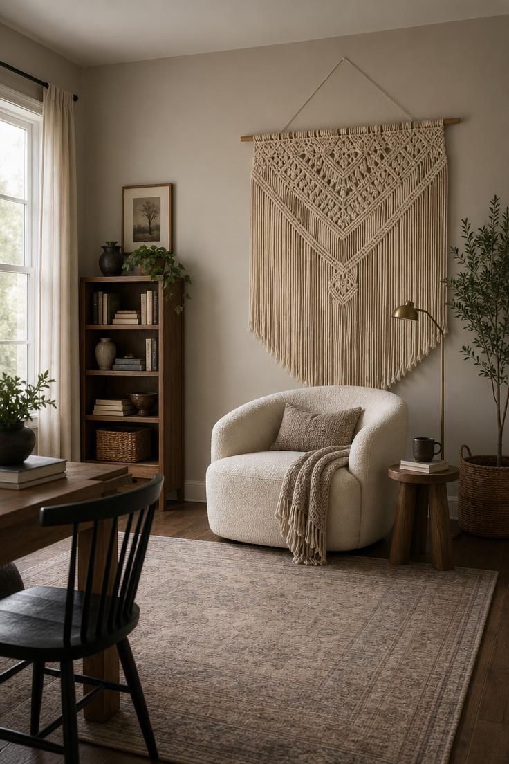 11 Playful Funky Eclectic Decor Ideas for Fearless Rooms 7 Cream boucle accent chair beneath a large macrame wall hanging in a sage green reading corner.