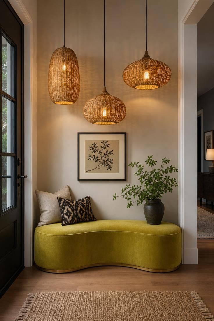 11 Playful Funky Eclectic Decor Ideas for Fearless Rooms 8 Curved chartreuse velvet bench beneath three staggered woven pendant lights in a cream hallway.