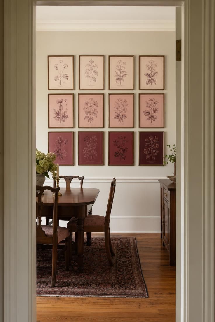 11 Playful Funky Eclectic Decor Ideas for Fearless Rooms 10 Wall of vintage botanical plates in graduated colors above a dining table with mismatched chairs.