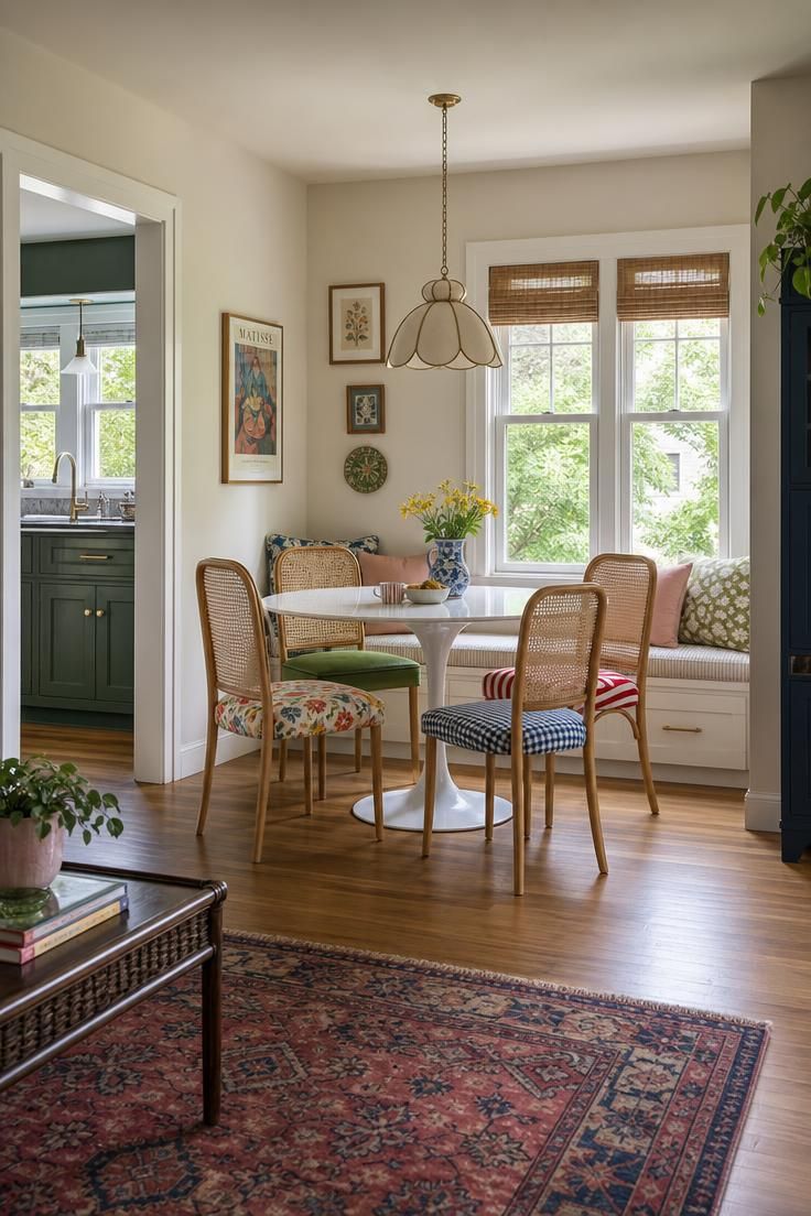 11 Playful Funky Eclectic Decor Ideas for Fearless Rooms 11 White tulip table surrounded by four cane-back chairs in clashing floral, striped, and checked fabrics.