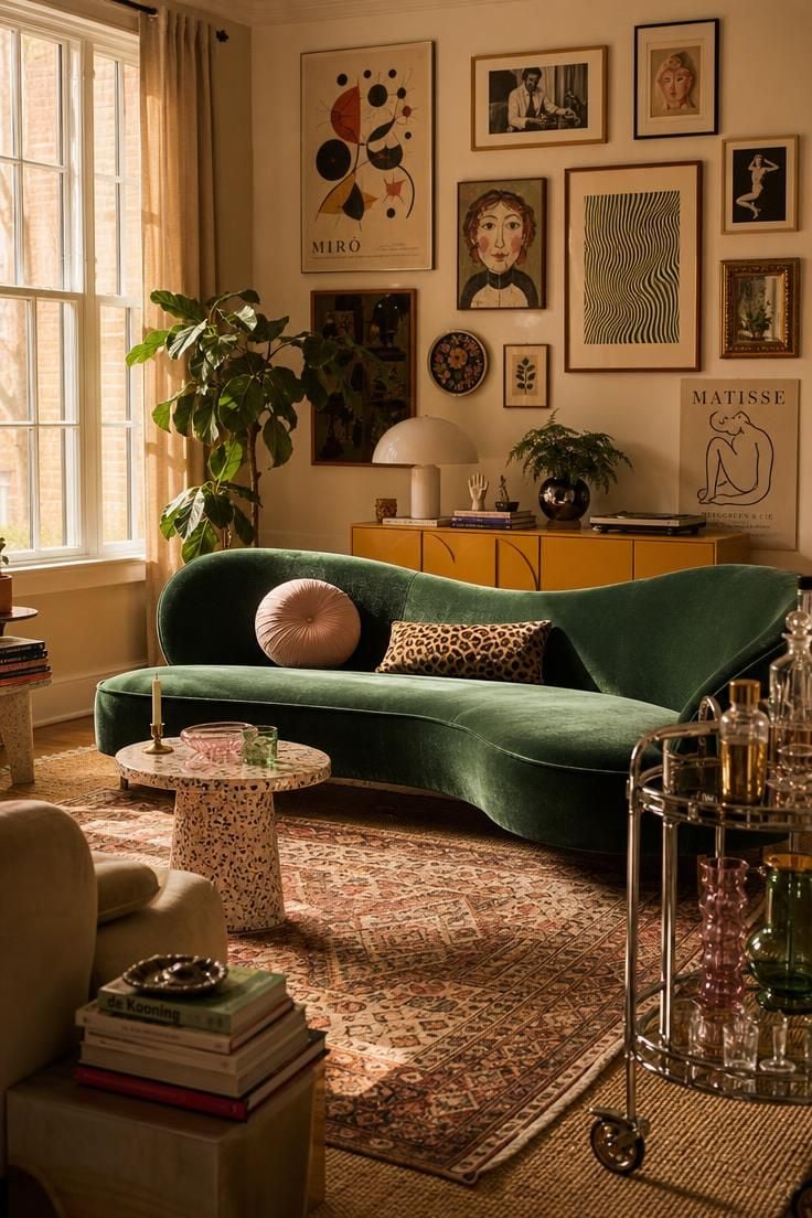 Cozy funky eclectic decor living room with an emerald velvet sofa, terrazzo table, and gallery wall under warm light.