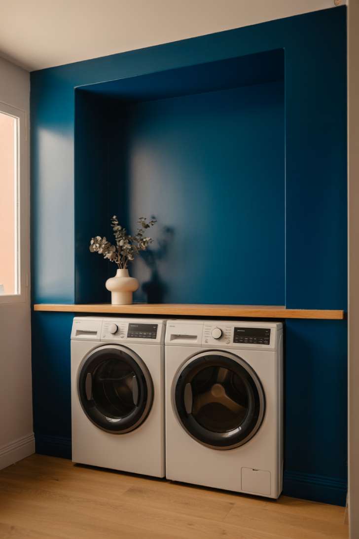 A laundry room featuring a bold electric blue accent wall behind white front-loading appliances with a floating shelf and dried eucalyptus above