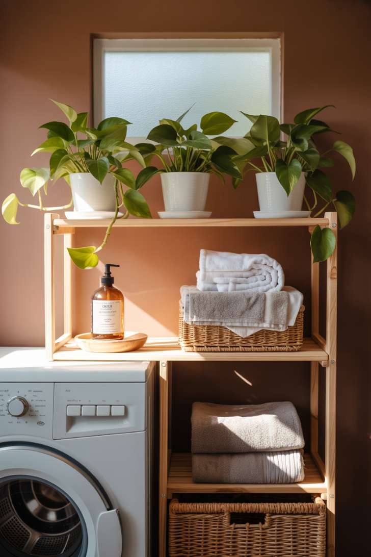 A sunlit laundry room corner with trailing pothos in white ceramic pots on a wooden shelf against a warm terracotta wall, with folded towels and a woven basket below