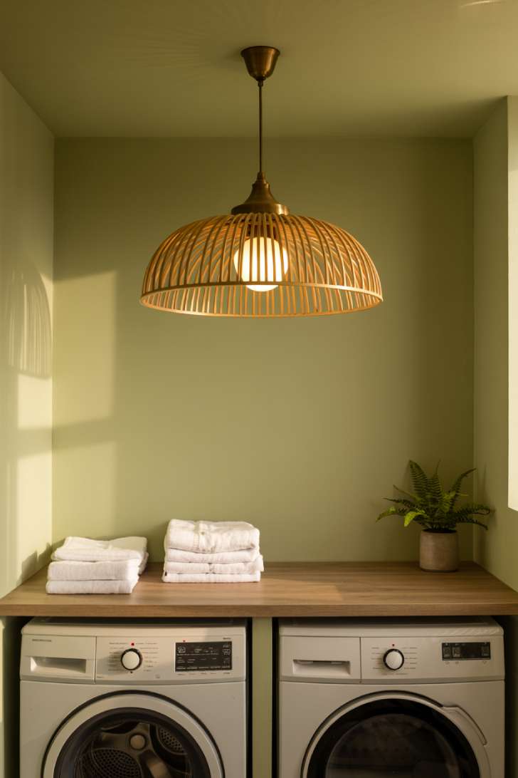 A sage green laundry room with a large brass and rattan pendant light casting warm light over a wooden folding counter and white appliances