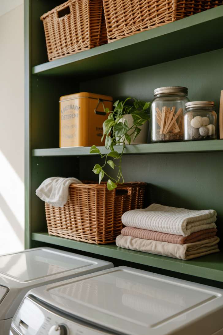 Forest green open shelves on a white wall holding wicker baskets, vintage tins, glass jars, a trailing pothos, and folded linen towels above a washer