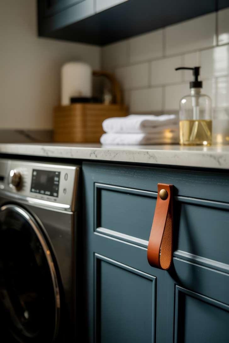 A close-up of a matte navy cabinet with a cognac leather strap pull beside a marble countertop, washcloths, and a glass soap dispenser