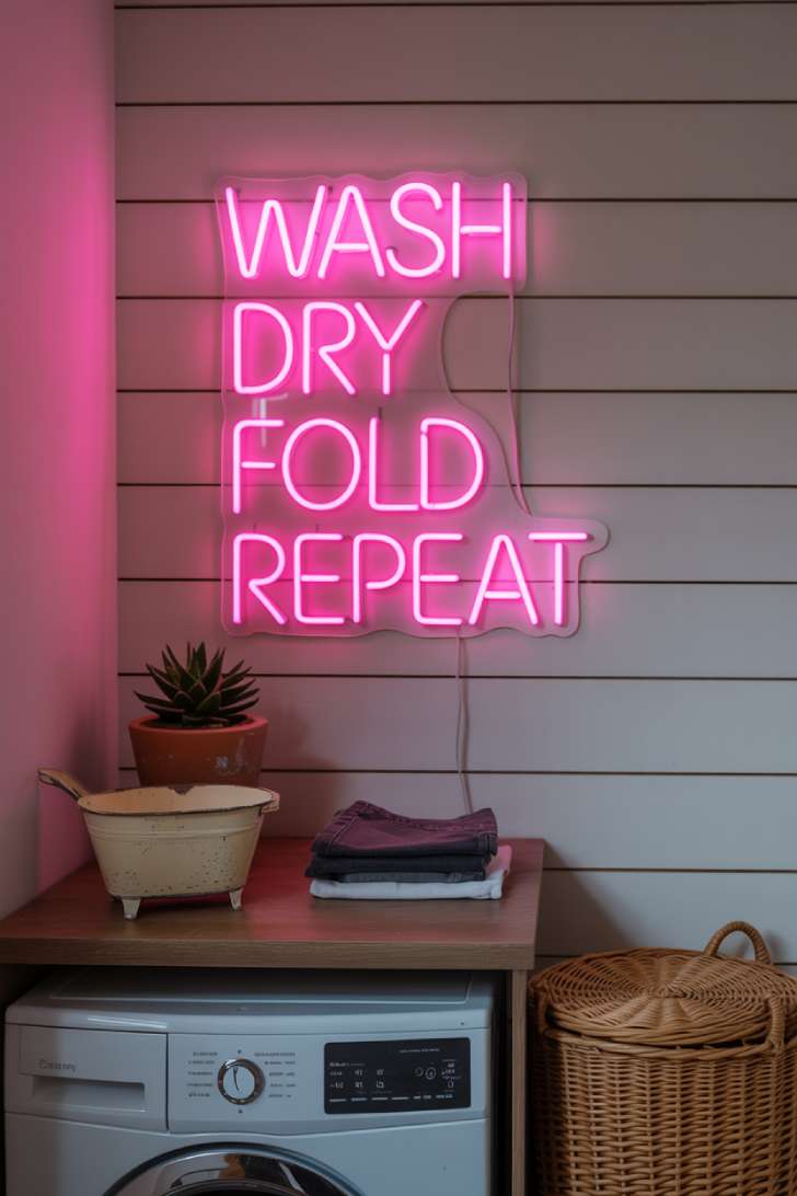A hot pink neon "wash dry fold repeat" sign on a white shiplap wall above a styled shelf with a succulent, vintage scoop, and folded denim