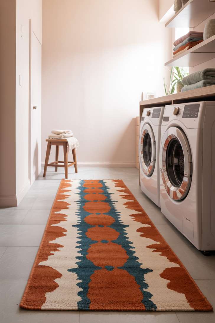A laundry room with a bold abstract runner rug in burnt orange, cream, and teal stretching across a light gray tile floor in front of white appliances