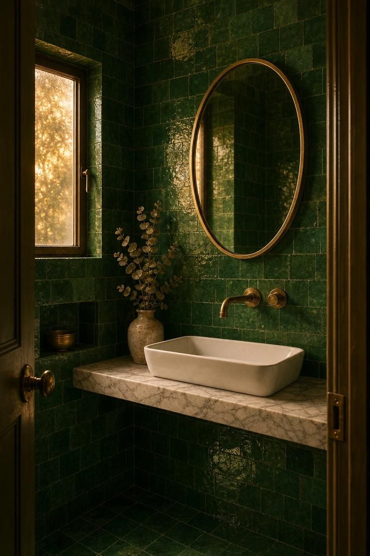 Emerald green zellige tile covering every surface of a small powder room with a brass faucet, oval mirror, and warm golden light through a frosted window.