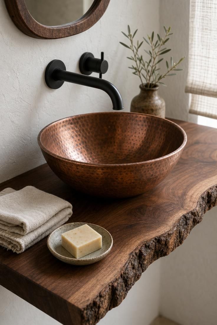 Close-up of a hammered copper vessel sink resting on a live-edge walnut slab with a matte black wall-mounted faucet and soft diffused natural light.