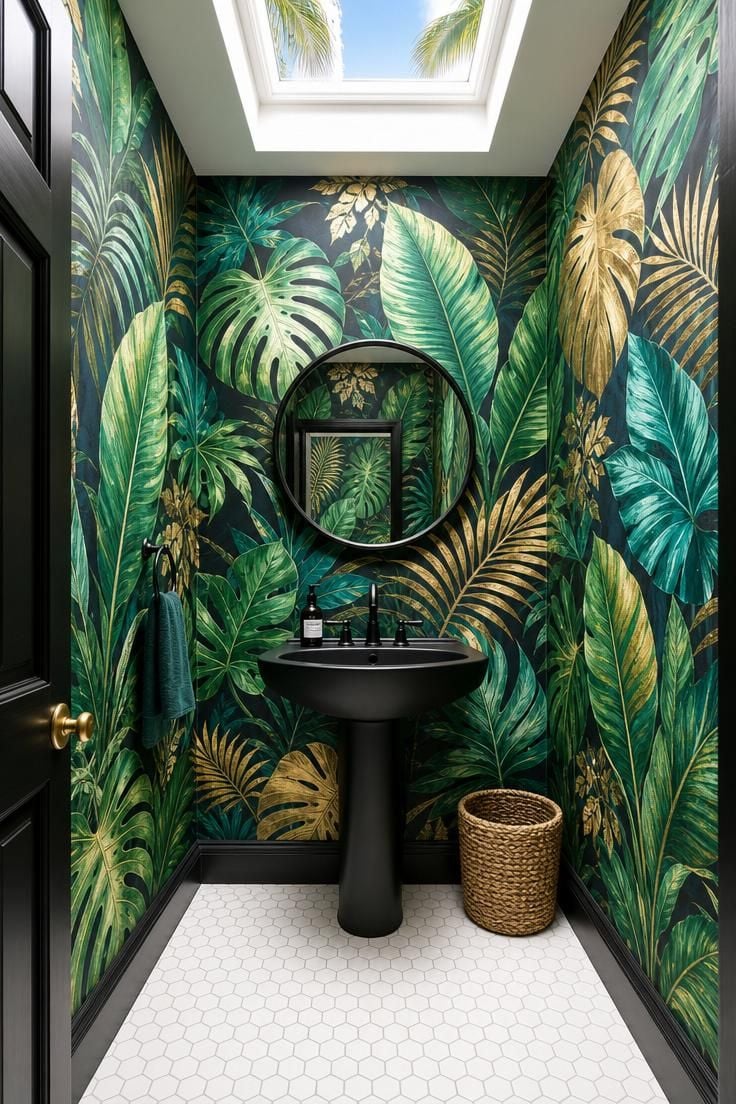 Small powder room covered in oversized tropical leaf wallpaper on a charcoal ground with a matte black pedestal sink and bright midday skylight illumination.