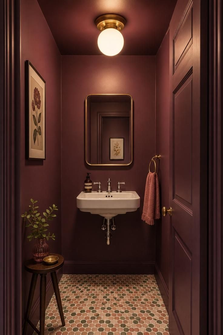 Powder room with multicolor terrazzo penny tile floor and deep plum color-drenched walls and ceiling under warm golden light from a brass flush-mount fixture.