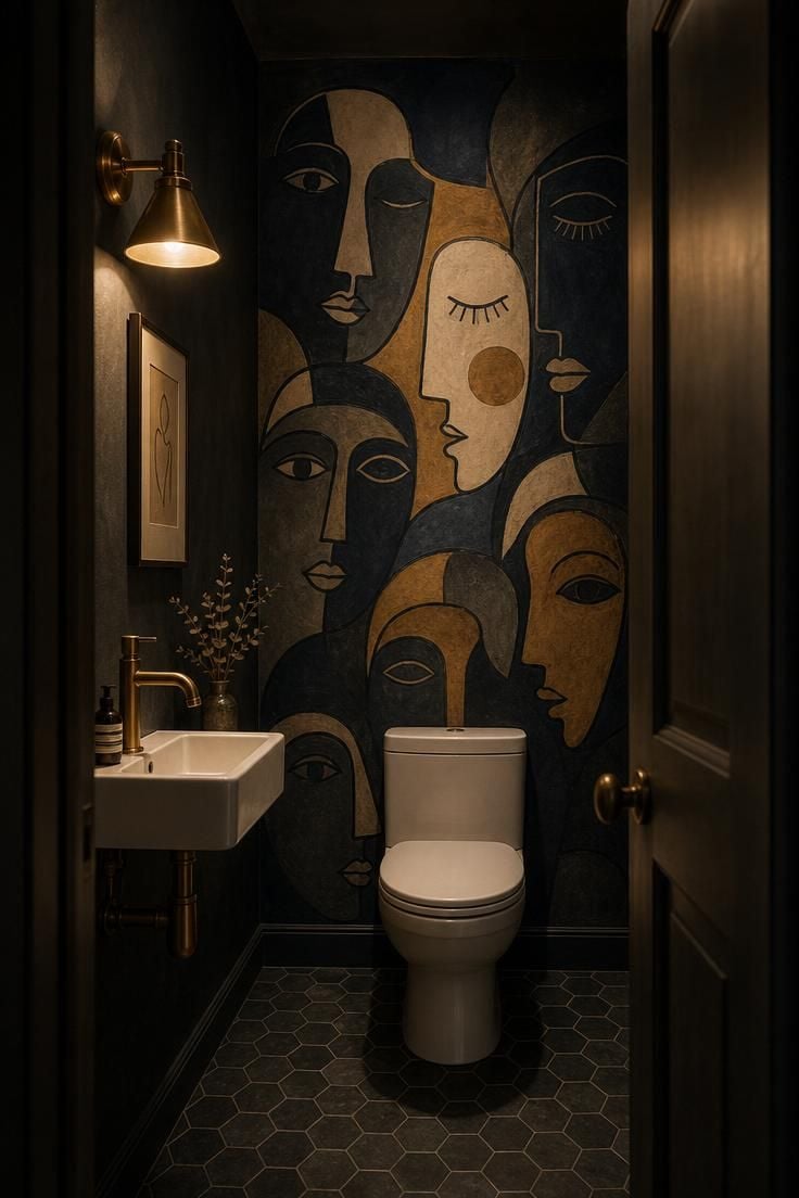 Moody powder room with a hand-painted abstract face mural in ochre, charcoal, and cream on a deep navy wall, lit by a single warm wall sconce.