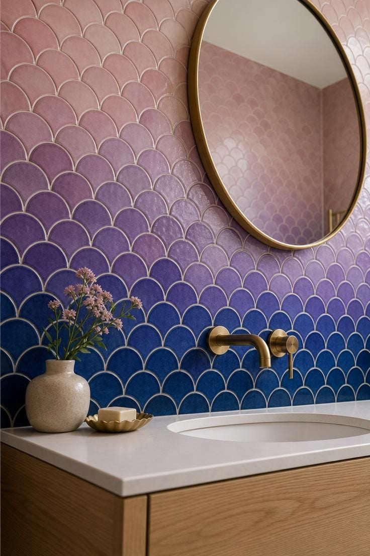 Close-up of fish-scale scallop tiles in an ombré gradient from deep sapphire through amethyst to pale rose above a white sink and light oak vanity in soft diffused light.