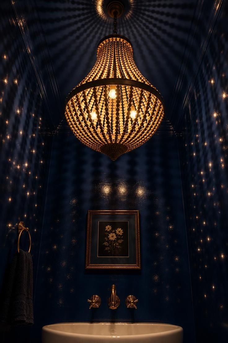 Low-angle view of a wooden beaded chandelier casting warm bead-shaped shadows across high-gloss sapphire blue walls in a small, moody powder room.