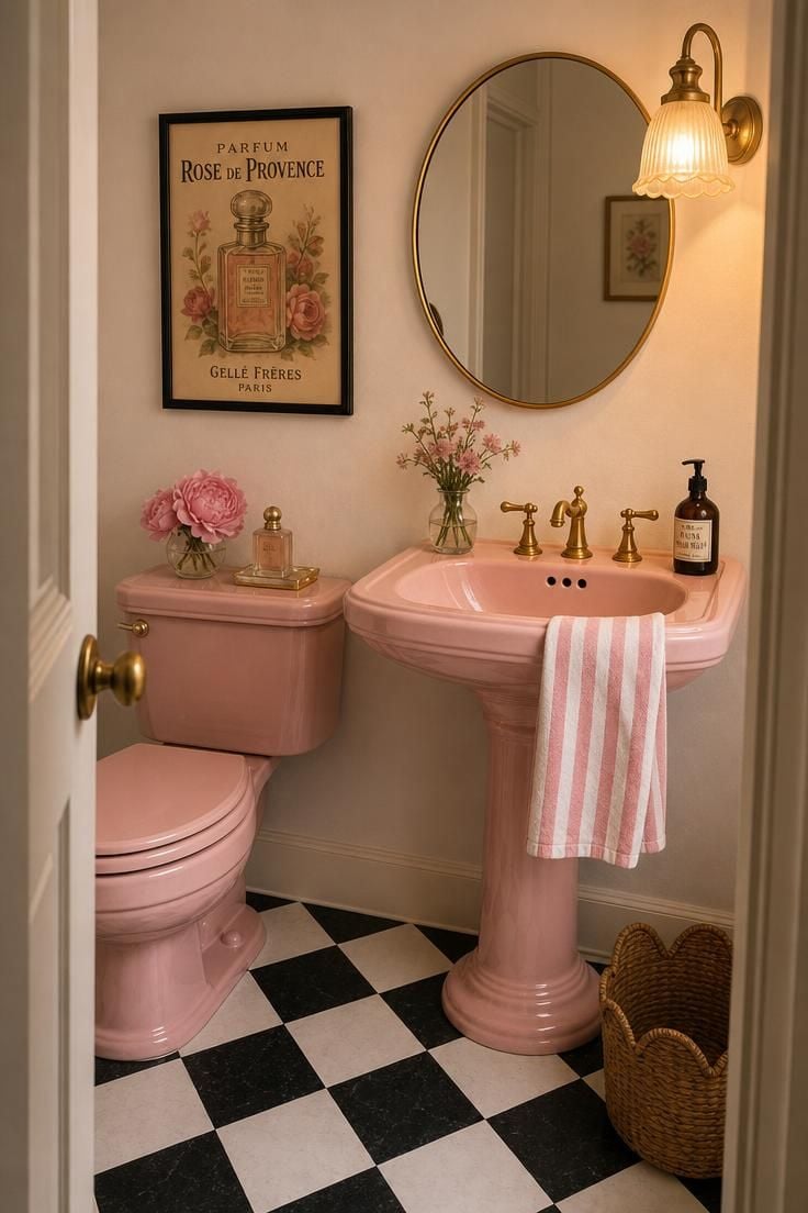 Blush pink toilet and matching pedestal sink in a powder room with black-and-white diagonal checkered floor tile and warm golden wall sconce light.