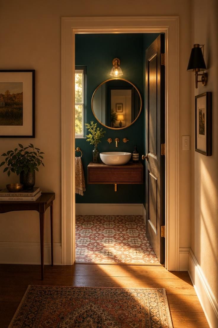 Simple Spaces 16 View from a hallway through an open door into a jewel-toned teal powder room with a brass mirror, floating wood vanity, and patterned cement tile floor in warm golden afternoon light.