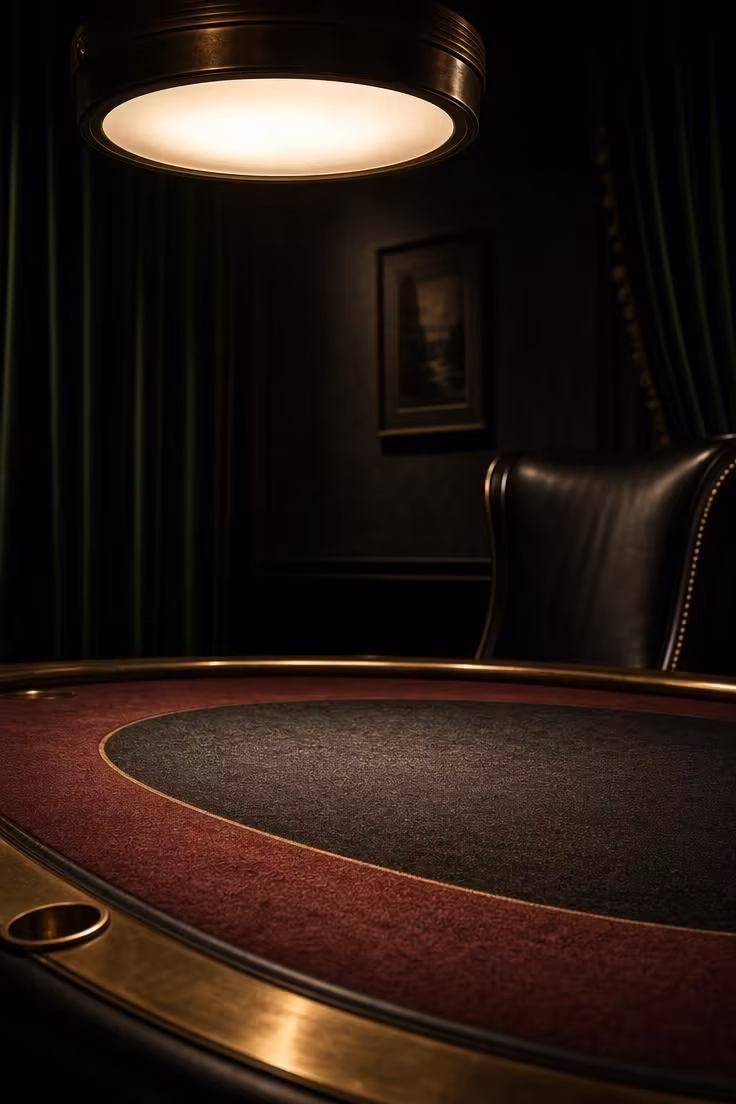 13 Stylish Game Room Ideas for Adults to Lounge and Play 1 Close-up of a round poker table with oxblood and charcoal felt under a focused pool of overhead light, surrounded by deep green velvet curtains.