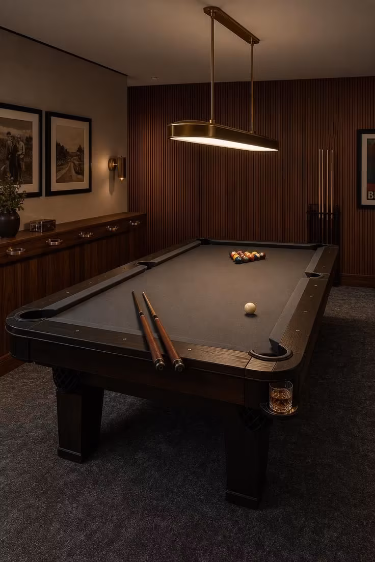 13 Stylish Game Room Ideas for Adults to Lounge and Play 2 Wide view of a slate-grey billiards table under a brass pendant, with a walnut slat wall and drinks rail in view.