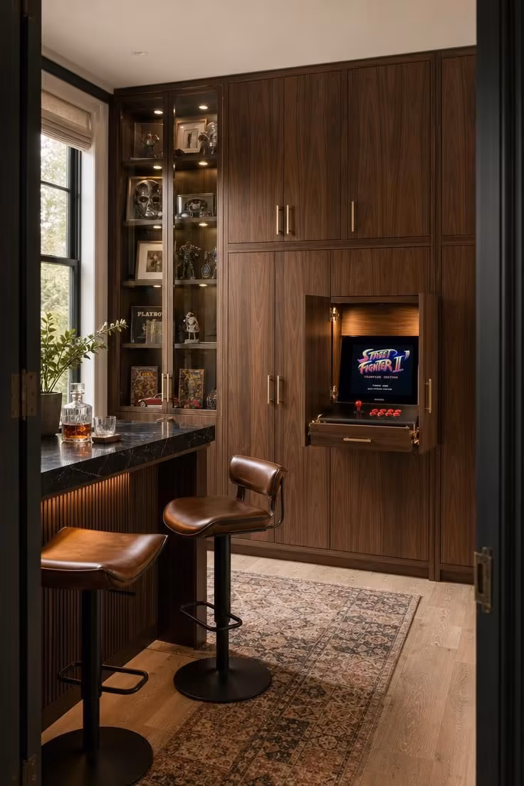 13 Stylish Game Room Ideas for Adults to Lounge and Play 3 Walnut cabinet wall with a hidden arcade pull-out open, bar counter and leather stools in the foreground.
