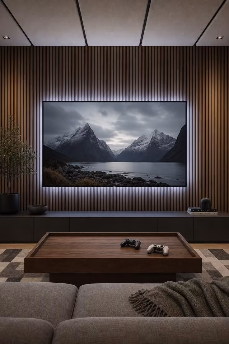 13 Stylish Game Room Ideas for Adults to Lounge and Play 4 Media lounge with a backlit wood slat wall behind the screen, acoustic ceiling panels, and a walnut coffee table.