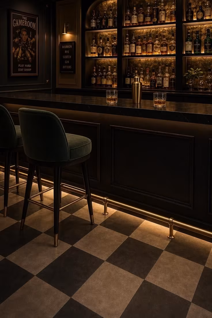13 Stylish Game Room Ideas for Adults to Lounge and Play 5 Bar zone with a charcoal and taupe checkerboard tile floor, brass foot rail, and glowing under-counter lighting.