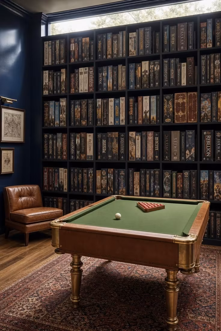13 Stylish Game Room Ideas for Adults to Lounge and Play 6 Snooker table in front of a floor-to-ceiling wall of board games, with a leather club chair nearby.
