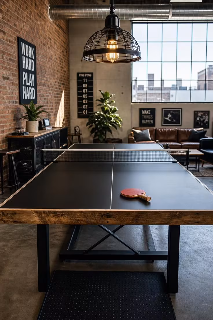 13 Stylish Game Room Ideas for Adults to Lounge and Play 10 Table tennis zone with a matte black table, cage pendant overhead, and exposed brick wall.