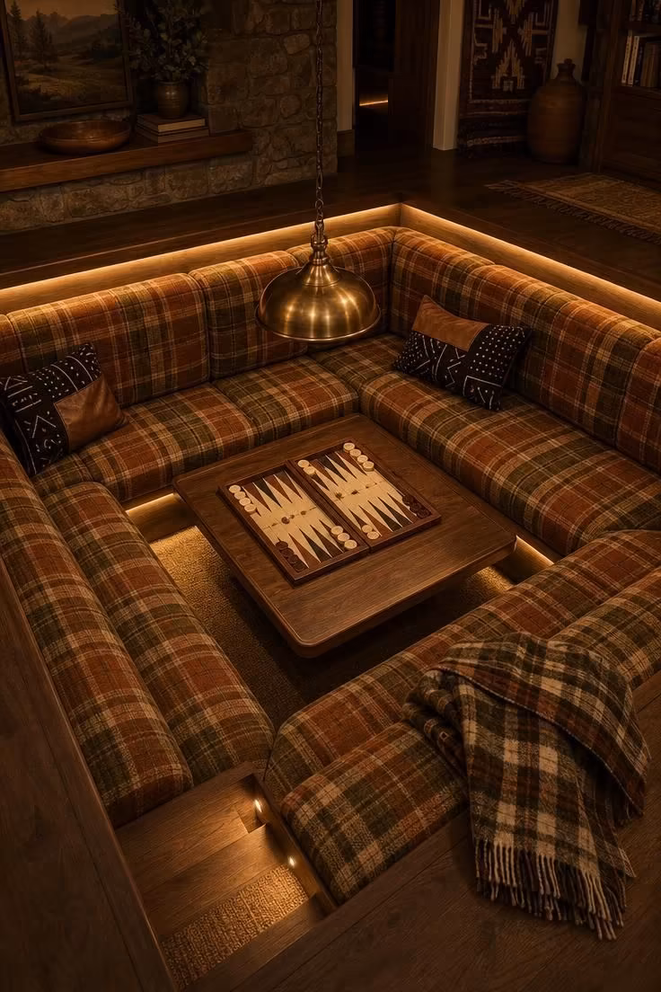 13 Stylish Game Room Ideas for Adults to Lounge and Play 11 Sunken conversation pit with plaid upholstery and a backgammon coffee table under a brass pendant.