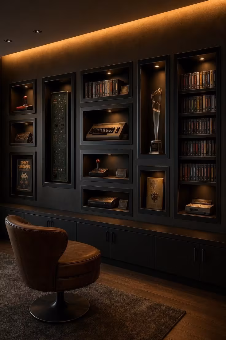 13 Stylish Game Room Ideas for Adults to Lounge and Play 13 Recessed display wall with backlit arcade and console artifacts, warm amber cove light above, leather stool below.