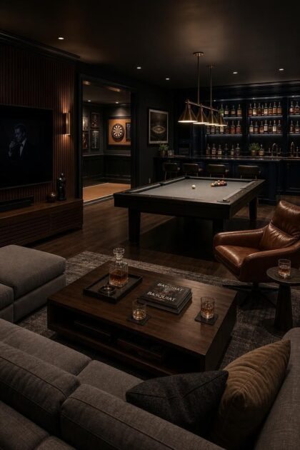 13 Stylish Game Room Ideas for Adults to Lounge and Play Wide view of a complete adult game room with a pool table, backlit bar, media wall, and lounge seating.