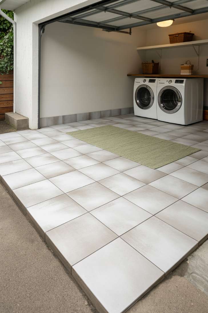 Large-format white porcelain tile with a sage striped rug transforming a garage laundry room floor