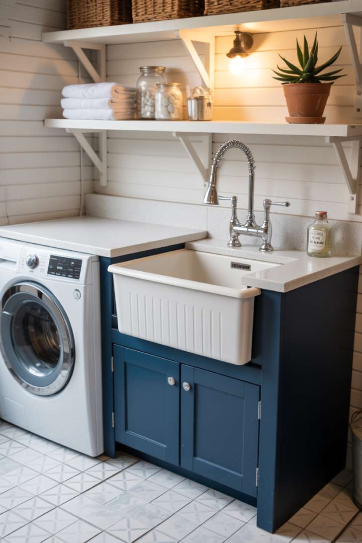 Navy blue cabinet utility sink beside a white washer in a styled garage laundry room