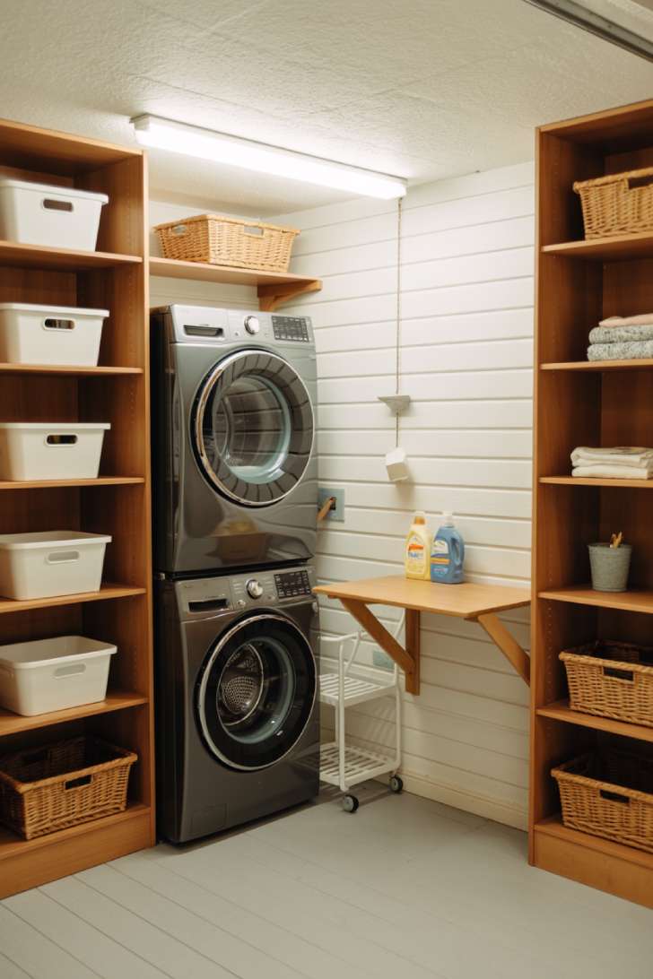 White quartz countertop folding station with under-cabinet lighting above side-by-side washers in a garage laundry room