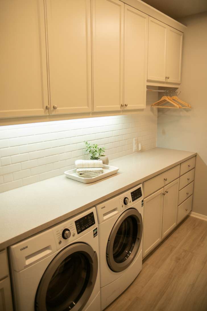 White quartz countertop folding station with under-cabinet lighting above side-by-side washers in a garage laundry room