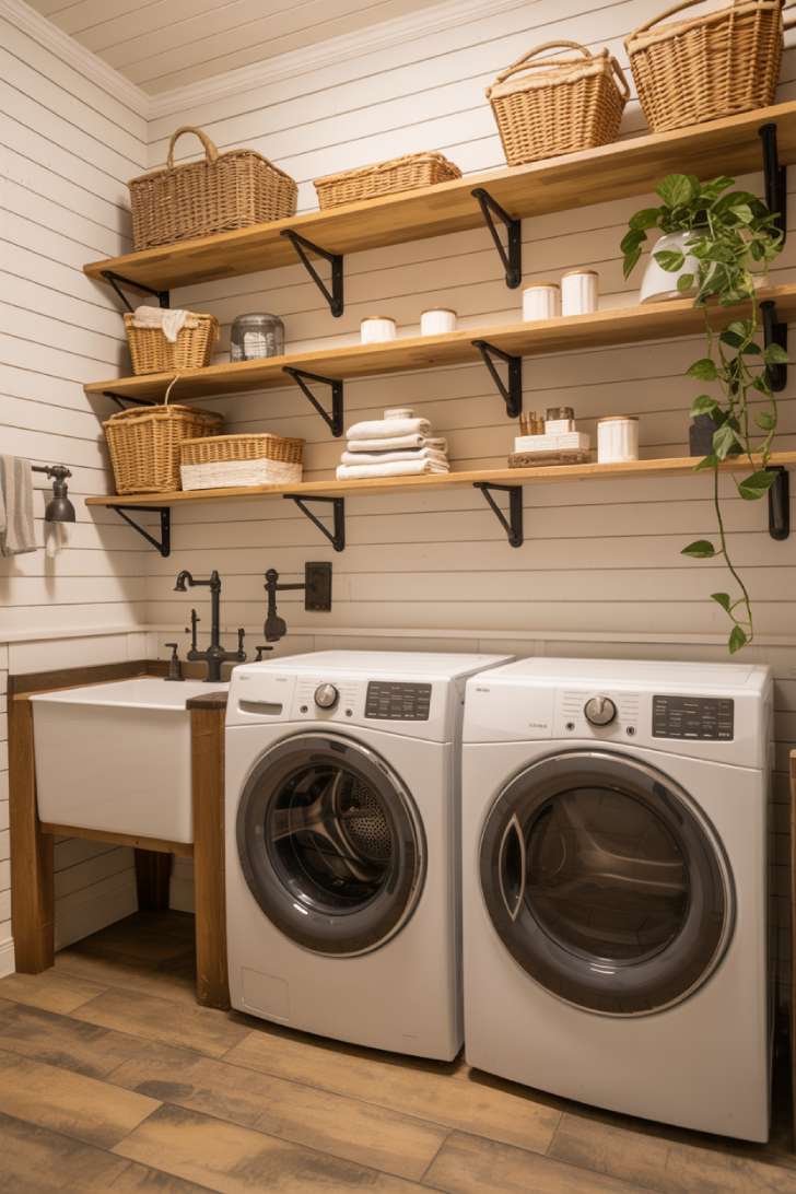 White shiplap walls, wood shelves, and apron sink creating a farmhouse-style garage laundry room