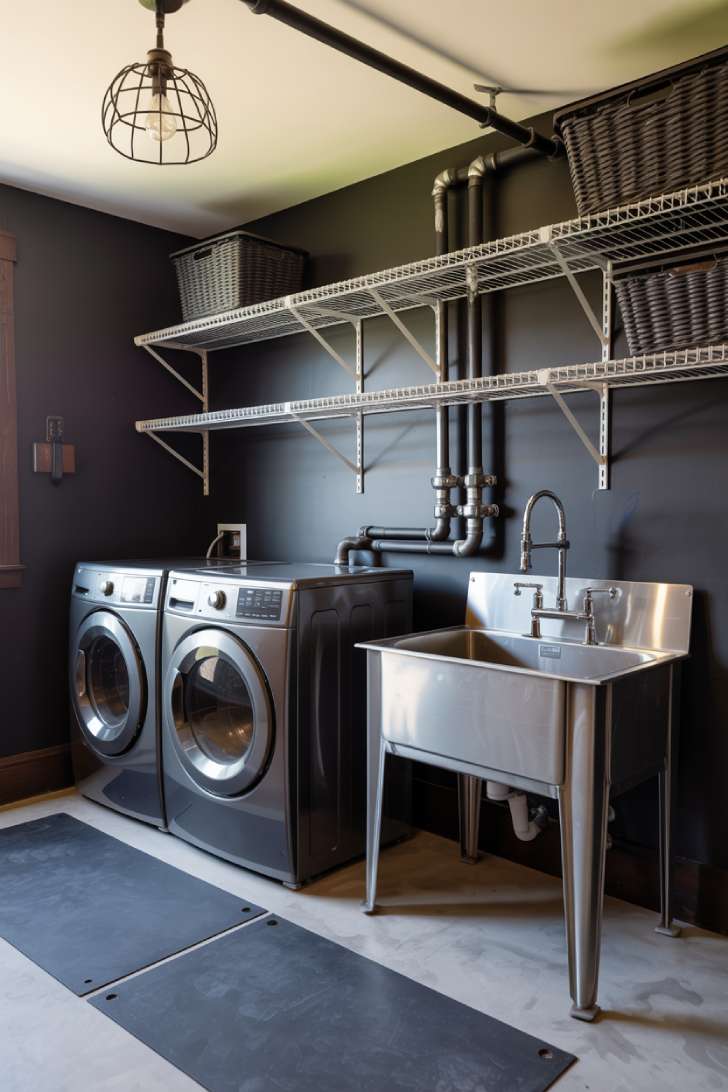 Dark charcoal walls, exposed black pipes, metal shelving, and industrial pendant lights in a garage laundry room