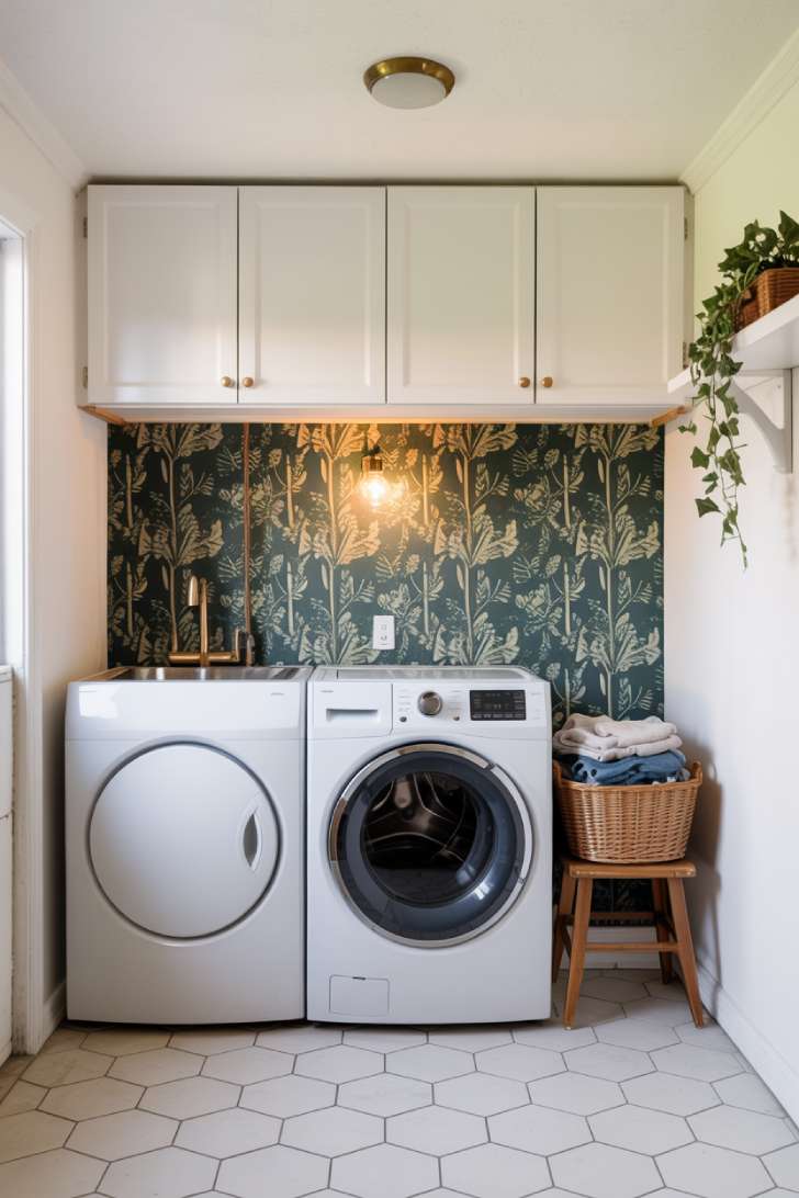 Botanical peel-and-stick wallpaper accent wall behind white washers with brass hardware in a garage laundry room