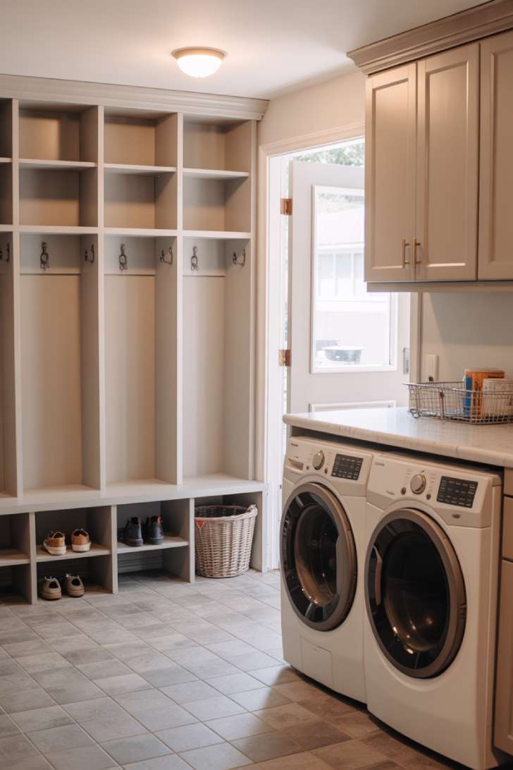 White built-in mudroom lockers beside a washer and dryer with matching cabinetry near the garage entry door