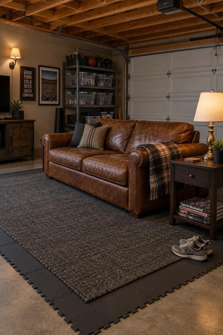 A garage seating area with a charcoal indoor-outdoor rug layered over black interlocking foam tiles, a brown leather sofa, a side table with a brass lamp, and an overhead door with exposed joists behind.